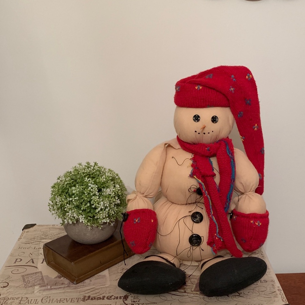 Vintage Festive Snowman Plush with Red Hat,Scarf & Mittens